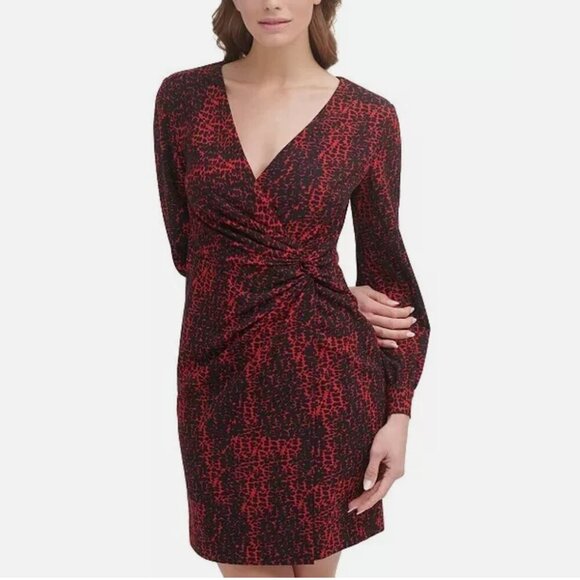 DKNY | Womens Faux Wrap Dress Size 6 Printed Red Long Sleeve V-Neck Stretch - Picture 1 of 8